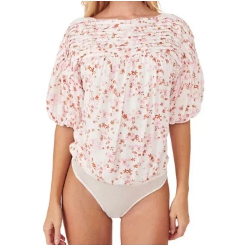Free People Dessa Floral Pink Puff Sleeves Bodysuit‎ Small